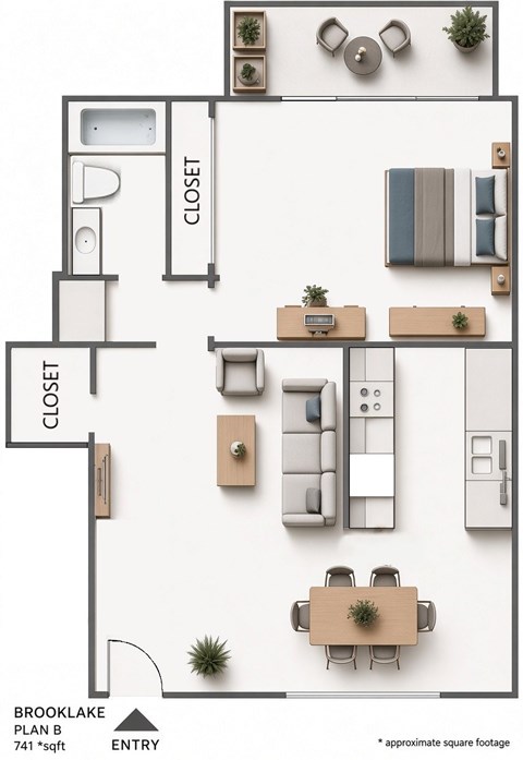 Floor plan for 1 bed, 1 bath, 741 sqft